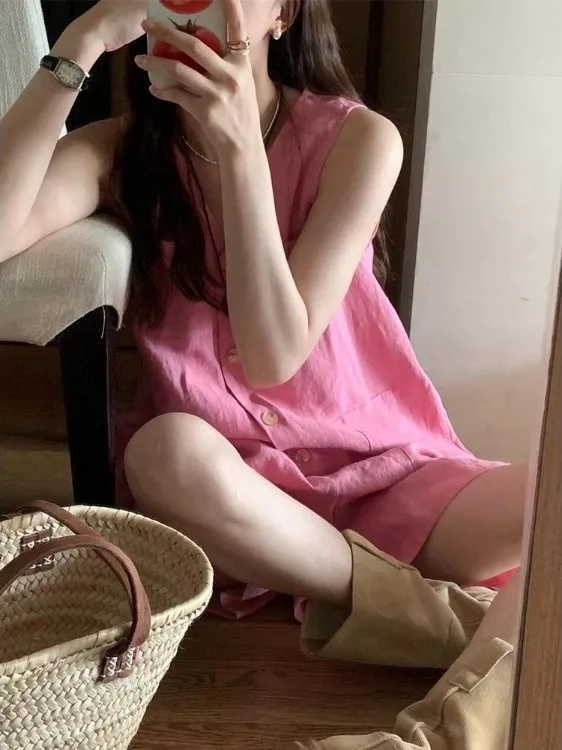 صيف جديد Sle العلامة التجارية الكبيرة الوردي الكتان زر واحد V-ne Svel واسعة الساق قطعة واحدة orts عادية مريحة المرأة...