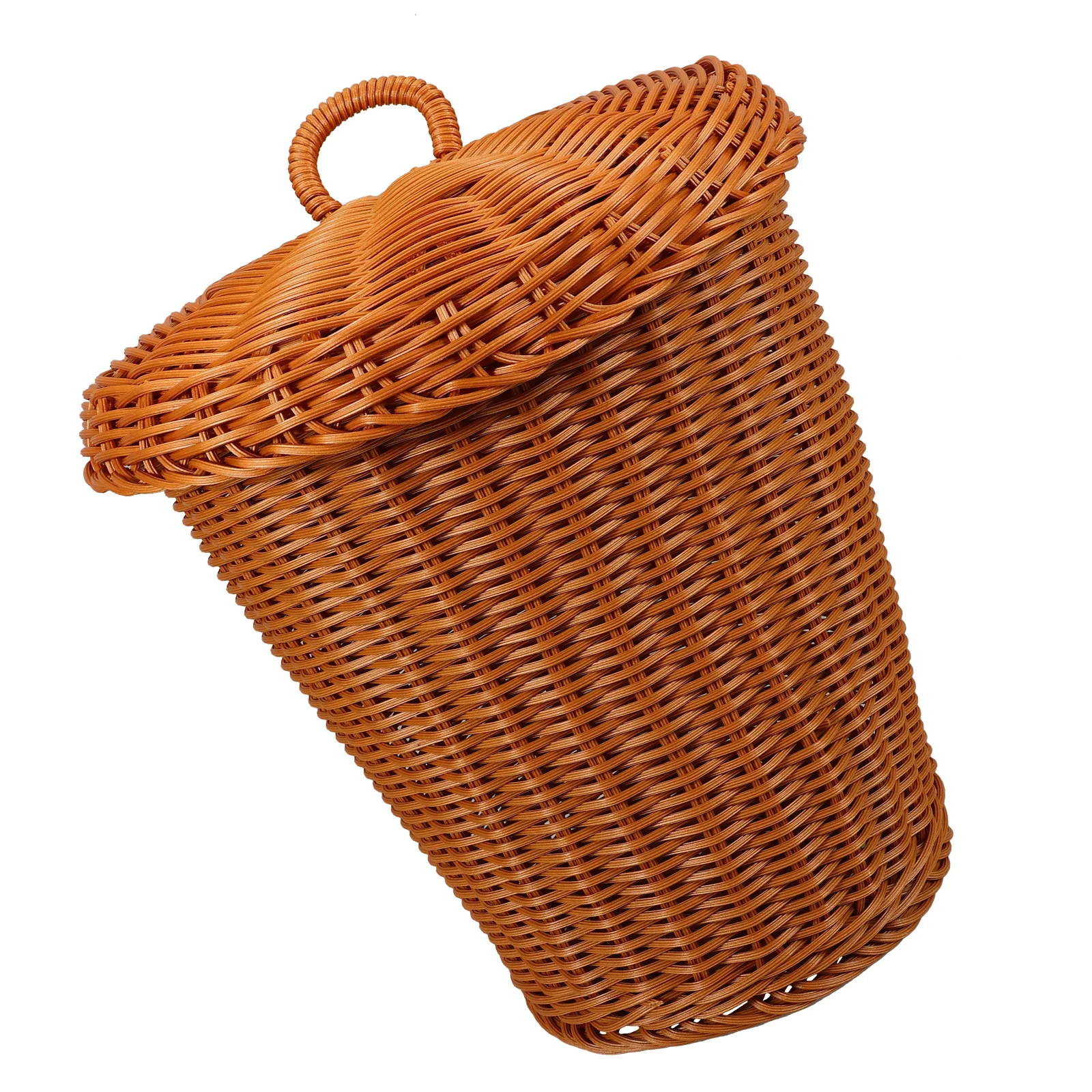 

Woven Trash Can Desktop Garbage Basket Brown Round Lid Storage Container Reusable Home Decor Rattan Woven Laundry Hamper