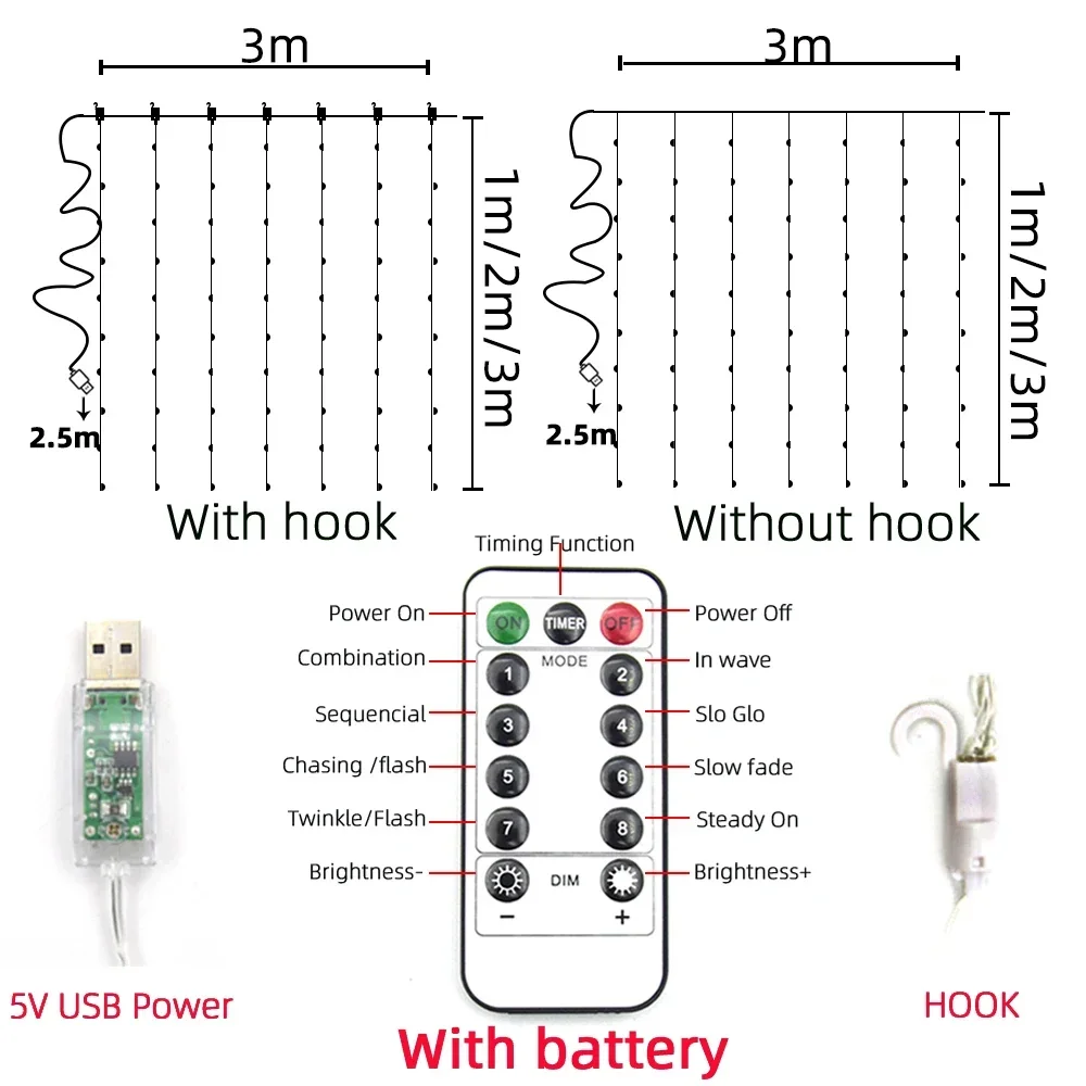 ไฟสาย LED ประดับตกแต่งวันหยุดเทศกาลคริสต์มาสม่านแสงไฟสายไฟประดับห้องนอนแบบเทพนิยายพร้อมรีโมทคอนโทรล