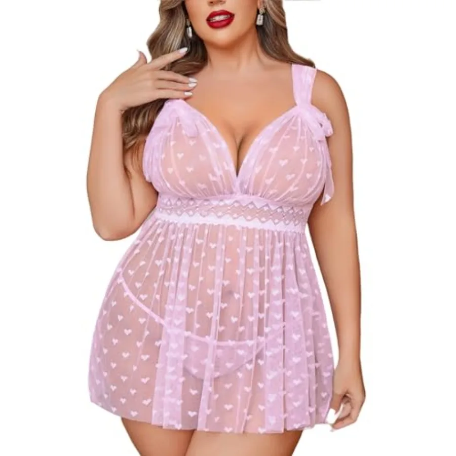 

Avidlove Plus Size Lingeire for women Lace Babydoll Mesh Chemise Sexy Nightwear Sheer Nightie with Lace Up Bows L-4XL
