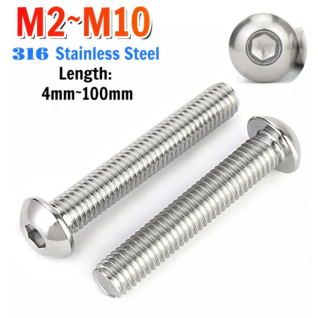 M2 M2.5 M3 M4 M5 M6 M8 M10 Hexagon Socket Round Pan Head Screw 316 Stainless Steel Allen Mushroom Head Button Head Bolt