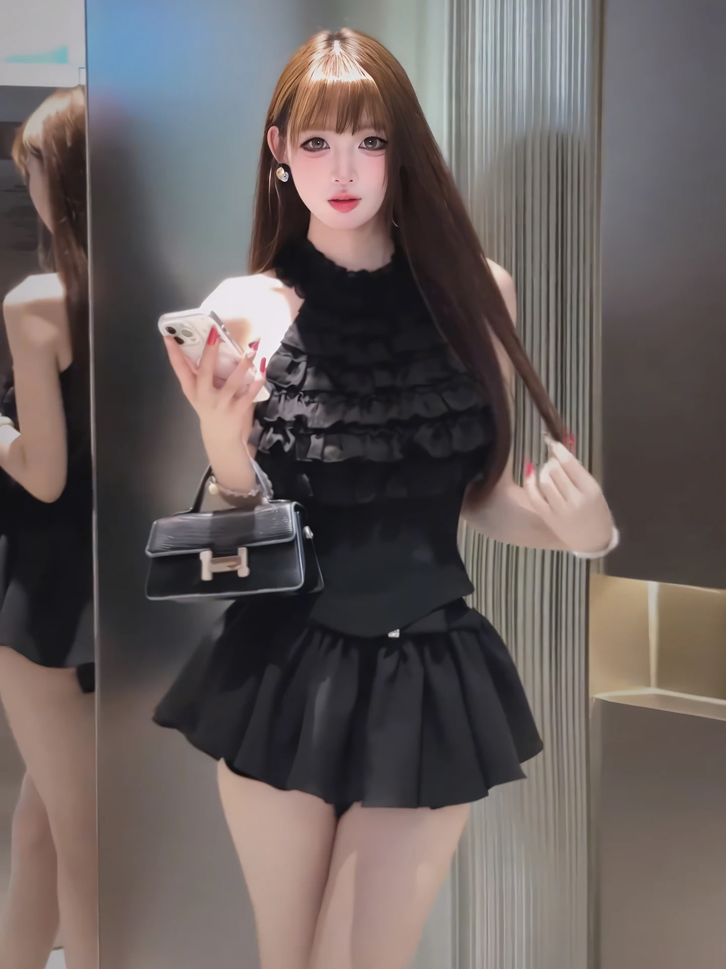 Elegant Women's Summer Fashion Set with Wood Grain Ruffle Neck Top And Puffy Skirt Two-Piece Ensemble Long Pants