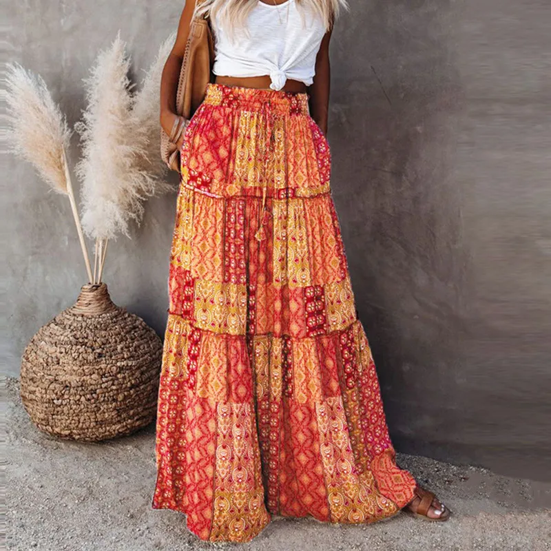 Summer Casual Faldas Loose Long Skirt Women Vintage Beach Ladies Saia Maxi Bohemian High Waist Skirts Woman Clothes Ethnic Style