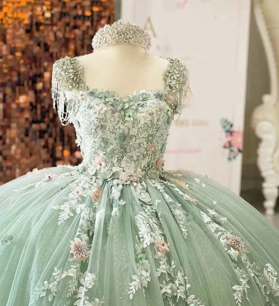 Verde menta charo Quinceanera abiti Ball Gown Sweetheart Tulle Appliques in rilievo messicano dolce 16 abiti 15 Anos