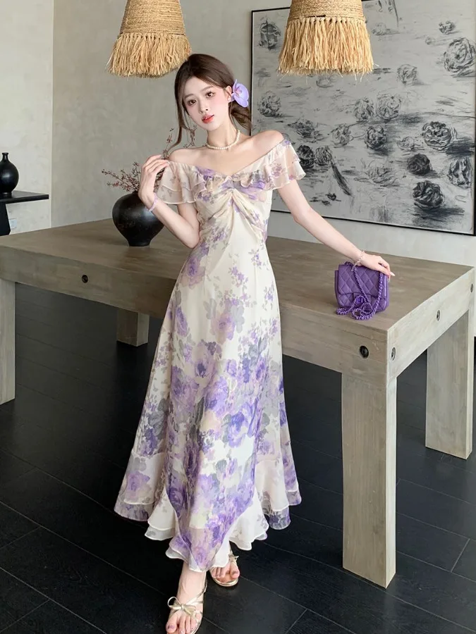 

plus Size Floral Print Pleated V-Ne Summer Dr Women's High Waist A-Line Skirt Korean Sle Commute Wind ort Sve Dr