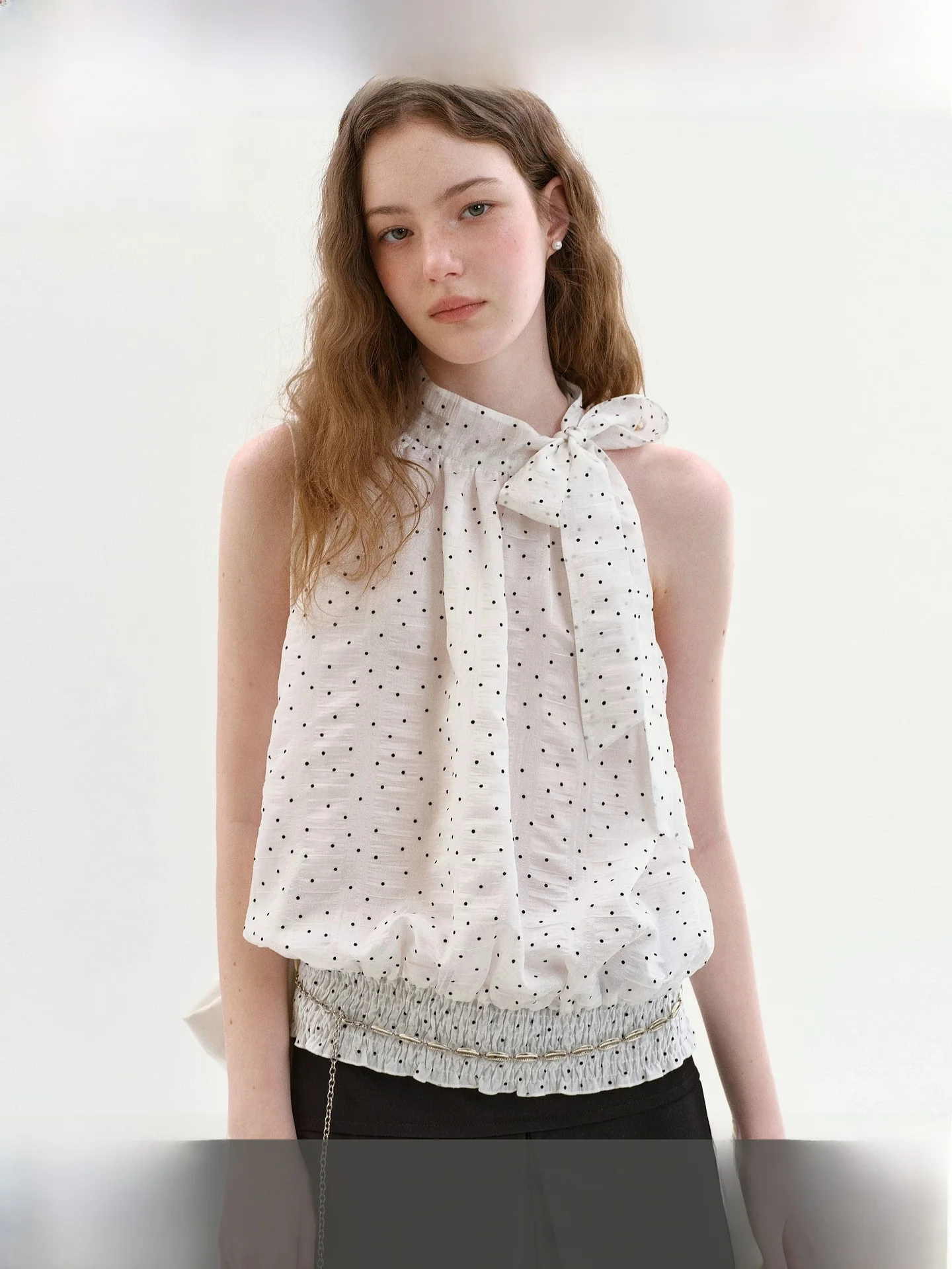 

Fano Summer New Polka Dot Necktie Waist-Cinching Sleeveless Women's Vest Breathable Comfortable Lightweight Polyester Blend