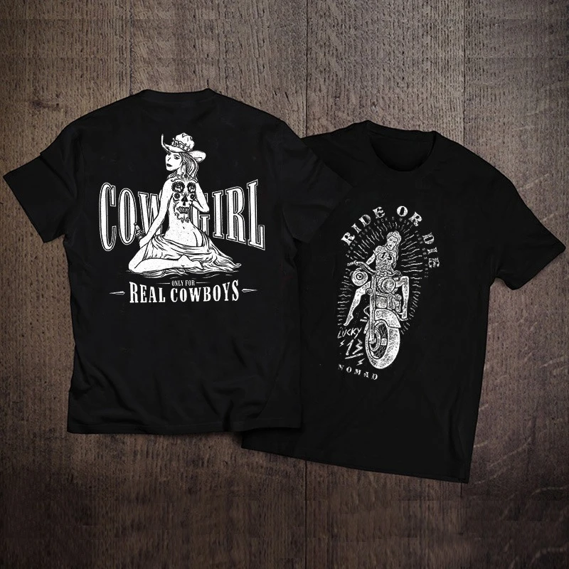 

American Retro Heavy Guy Motorcycle Cowgirl Short-sleeved T-shirt European and American Trendy Brand Pure Cotton