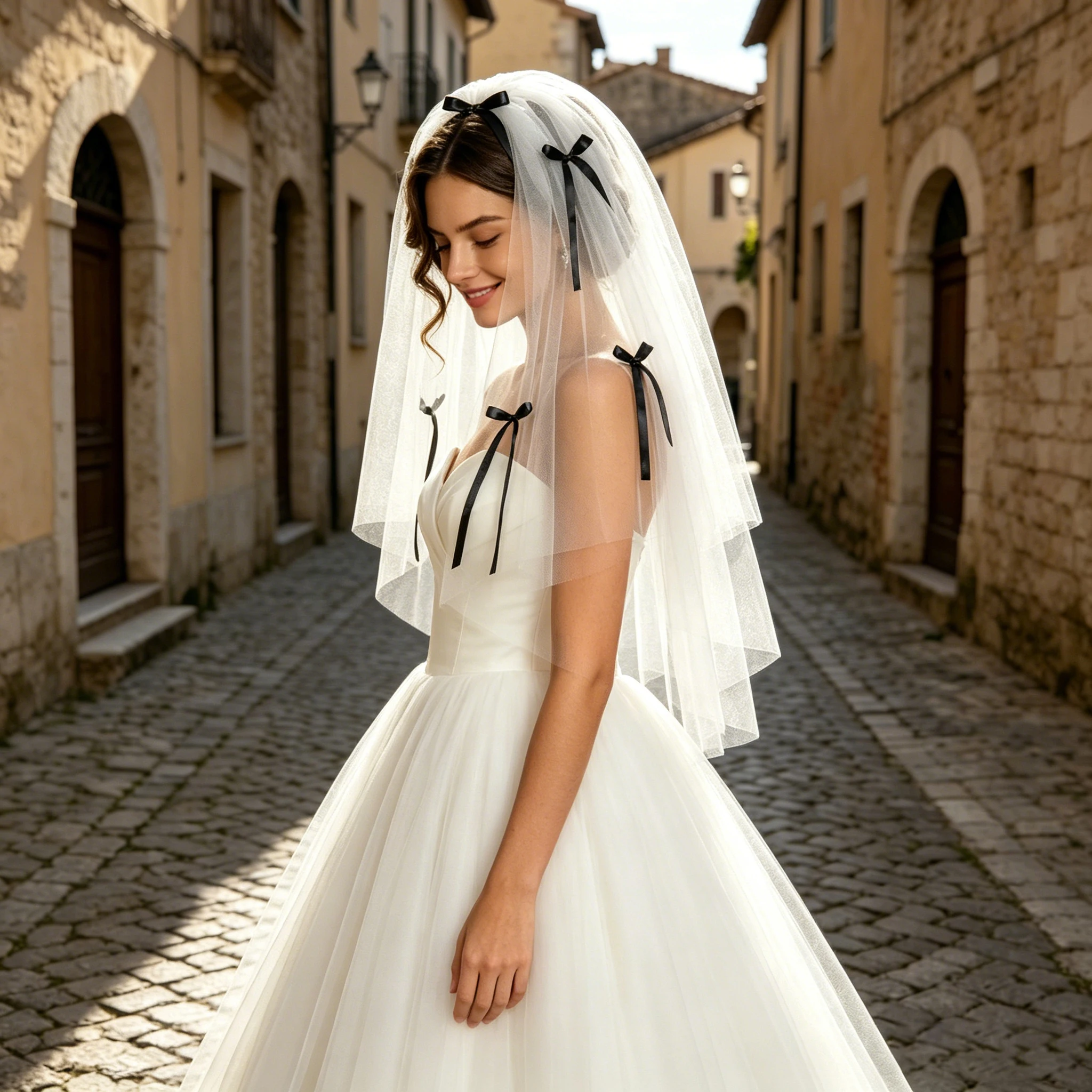 

Dreamy Wedding Veil 2-tier Soft Puffy Hair Accessory with Black Ribbon Bows Bridal Headwear for Wedding/Engagement/Proposal G144