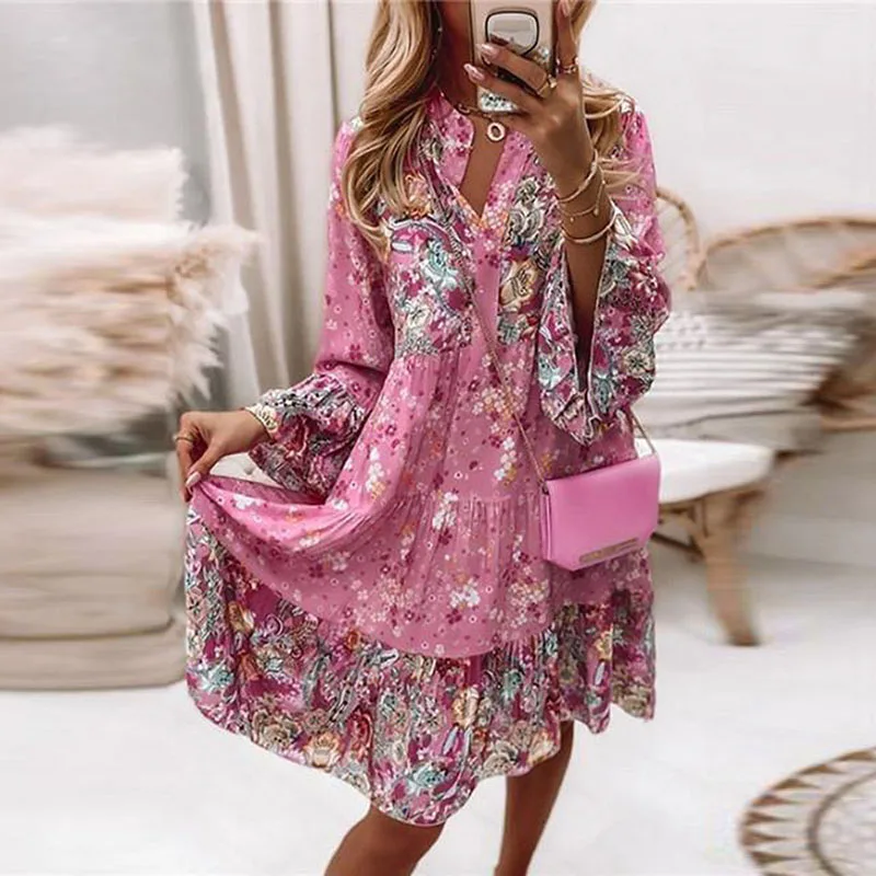 Elegant Retro Floral Print Flare Sleeve Mini Dress Women Spring Summer Ruffle Loose Women Party Dress Casual V Neck Beach Dress