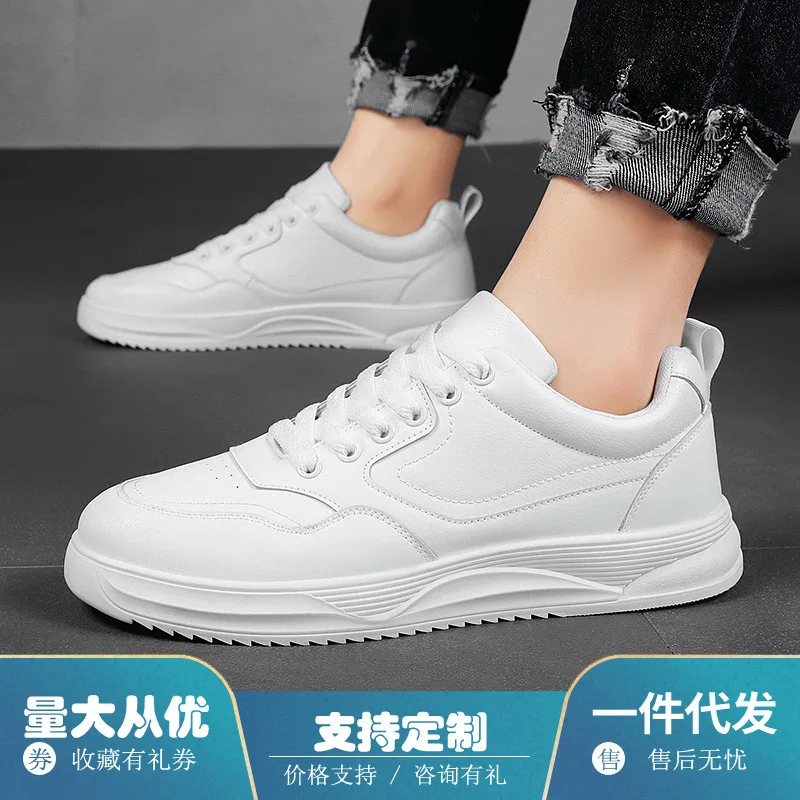 

Men White Leather Skate Sneakers Lace Up Thick Platform Casual Shoes Lightweight Non Slip Daily Walking Fashion Sports Footwear