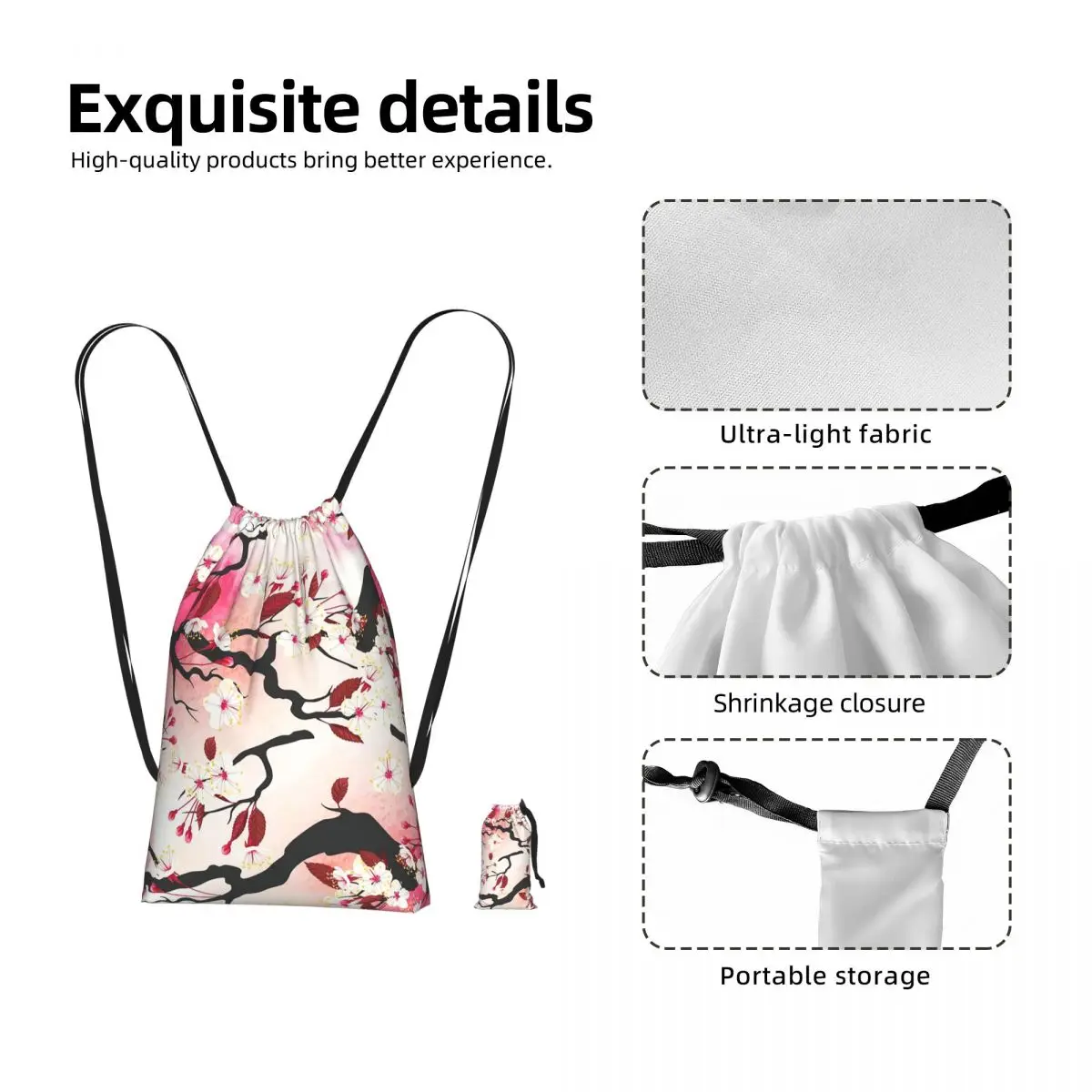 Blooming Sakura Branch Cherry Blossom Japanese Flower Drawstring Backpack hiking cycling Bag Portable Travel Drawstring Bag