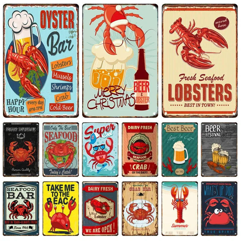 Lobster Crab Metal Poster Sign Plaque Vintage Food Signage Restaurant Kitchen Club Bar Modern Wall Art Decor Mural Aesthetics