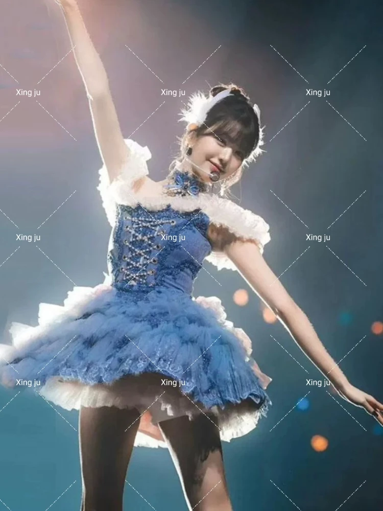 Kpop Damska Grupa Letnia Nowa Impreza Biała Słodka Bez Ramiączek Księżniczka Krótka Sukienka Jazz Dance Show Kostiumy Sceniczne Wakacje Rave Wear