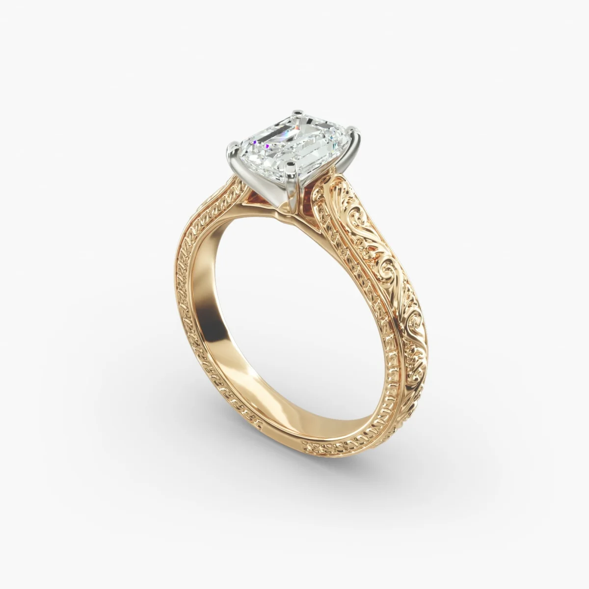Emerald Cut Diamond Solitaire Ring 14K Yellow Gold 1.0-2.0ct Lab Grown Diamond Hand Engraved Genuine Diamond Ring For Women