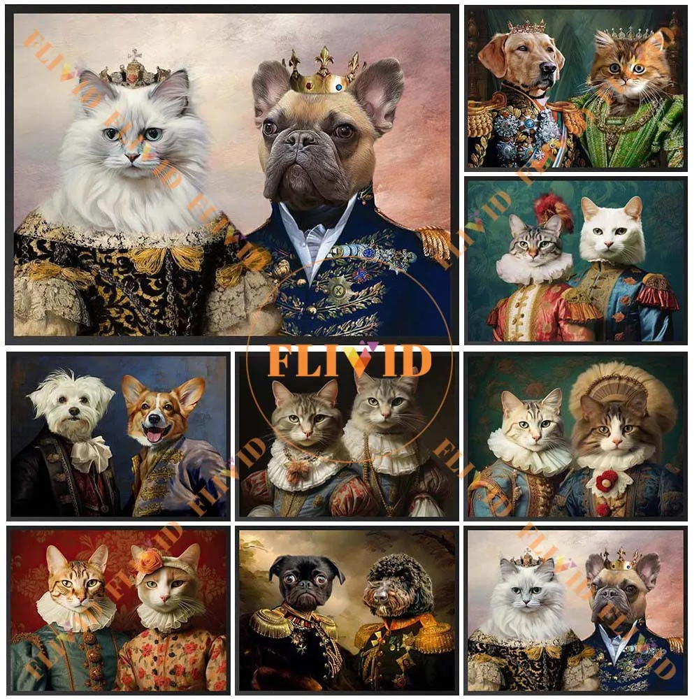 Custom 2 Cats Dogs Royal Animals Vintage Portrait Wall Pictures For Living Room Home Poster Wall Art Canvas Painting Unframed