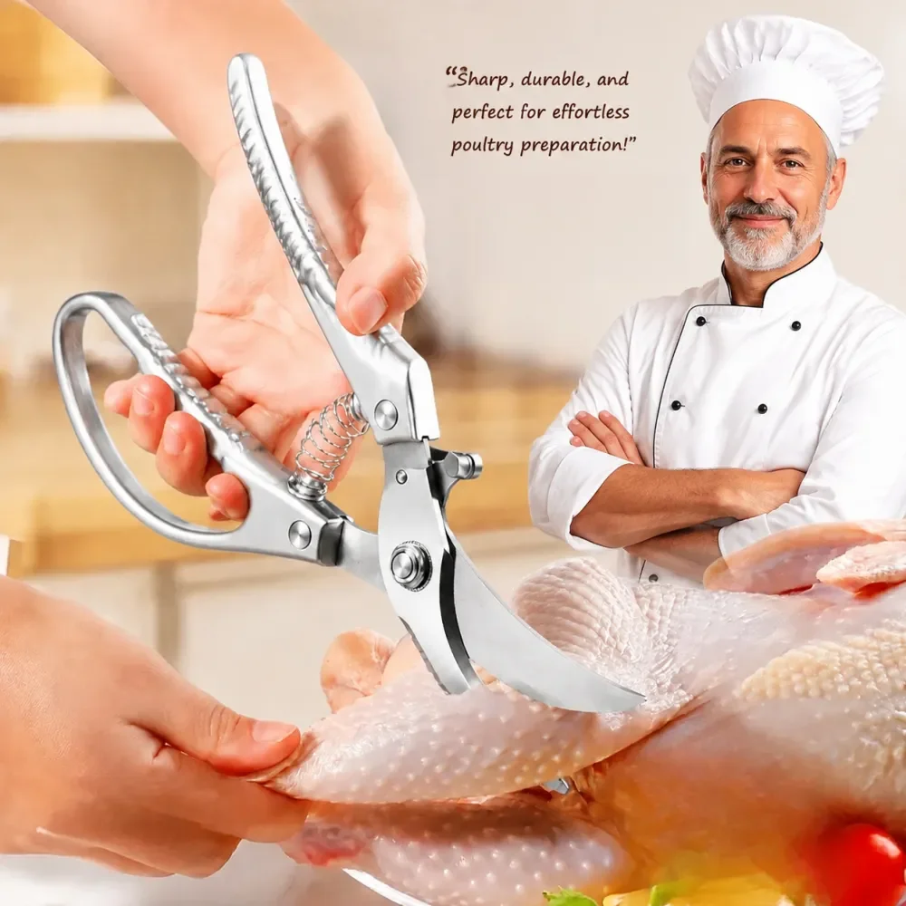 1pc Heavy-Duty Kitchen Shears with Spring-Loaded Ejector & Non-Slip Ergonomic Handle for Chicken Bones, Fish Spines, Hard Shells