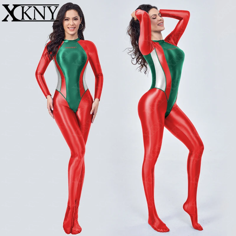 

AMORESY satin glossy One piece swimsuit Festive Style long sleeve smooth bodysuit Surfing competitive swimsuit XClocKNYoung