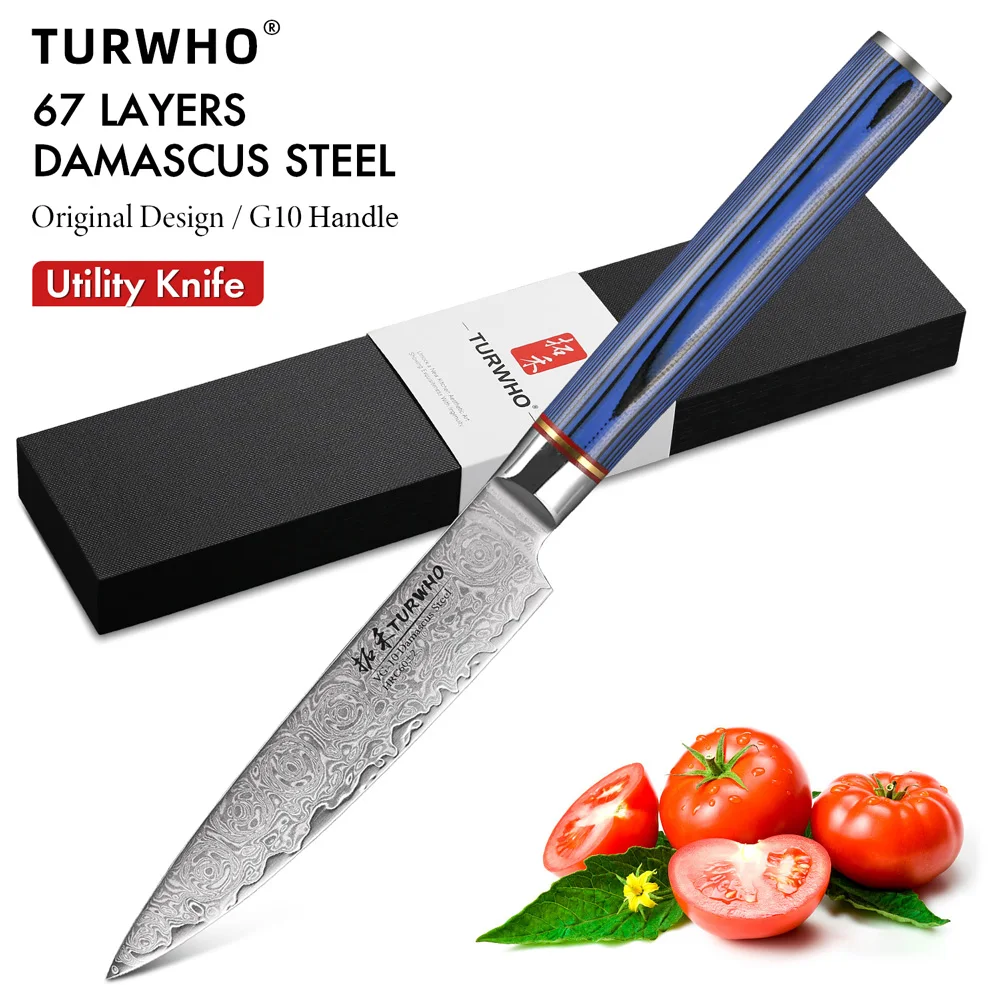 

TURWHO 5-inch Damascus Steel Kitchen Utility Knife Sharp Chef Knife Cutting Fruit Paring Vegetables Meat Universal Cooking Tools