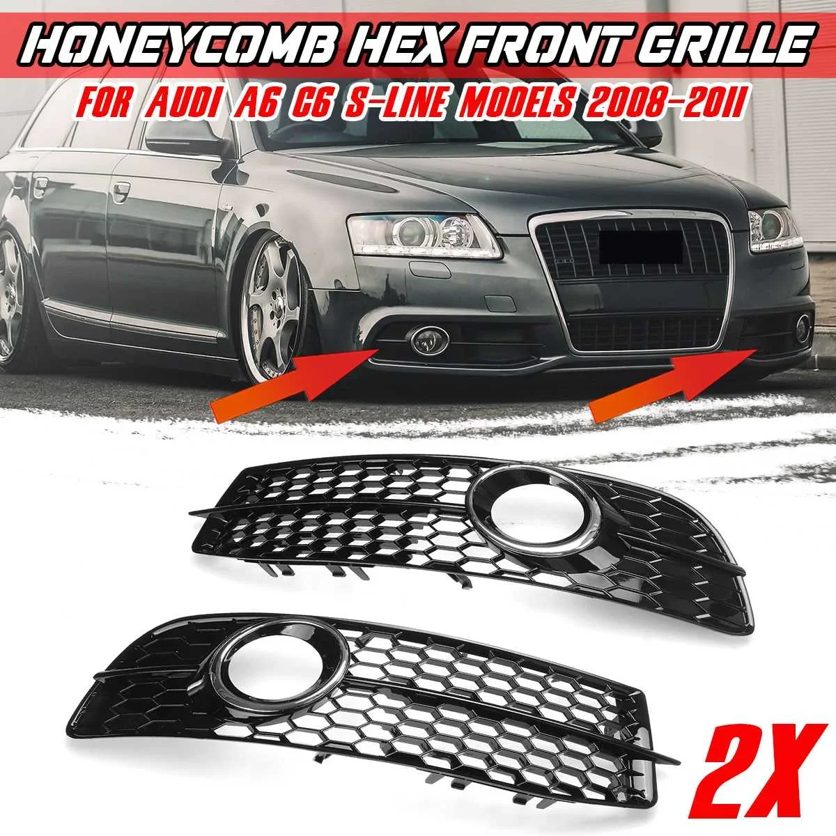 2x Car Front Bumper Fog Light Lamp Grille Grill Cover HONEYCOMB HEX For Audi A6 C6 S-Line 2008-2011 4F0807681Q01C 4F0807681Q02C