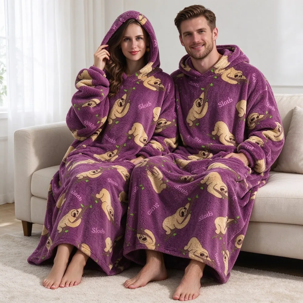 Flannel Wearable Blanket Hoodie Winter Oversized Sweatshirt Blanket Cartoon Homewear With Big Pocket Men Women Couple Blanket