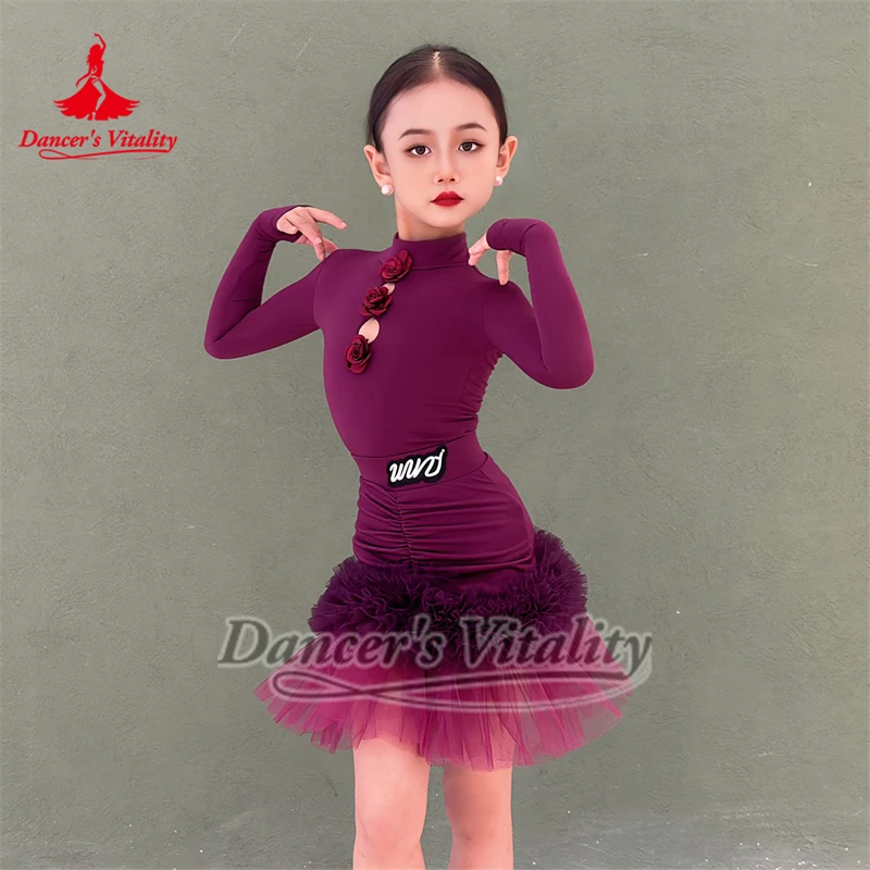 

Элегантный фиолетово-красный костюм для подростков из двух предметов с длинными рукавами для латиноамериканских танцев, жизненная детская одежда для чачи, профессиональная танцевальная одежда