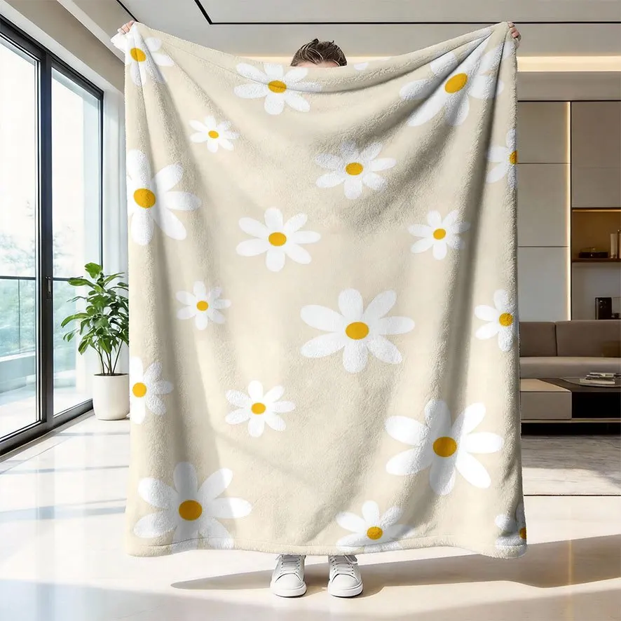 Fresh Multi-size Daisy Flower Simple Botanical Art Pattern Soft Blanket Fit Living Room Bed Travel Multi-scene Home Daily Use