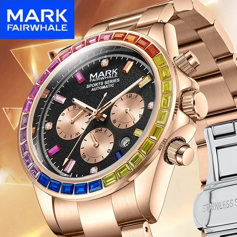 

Mark Fairwhale Fashion High-end fully diamond-set bezel Mens Automatic Watch Water Steel Strap for MEN's Mechanical Watches