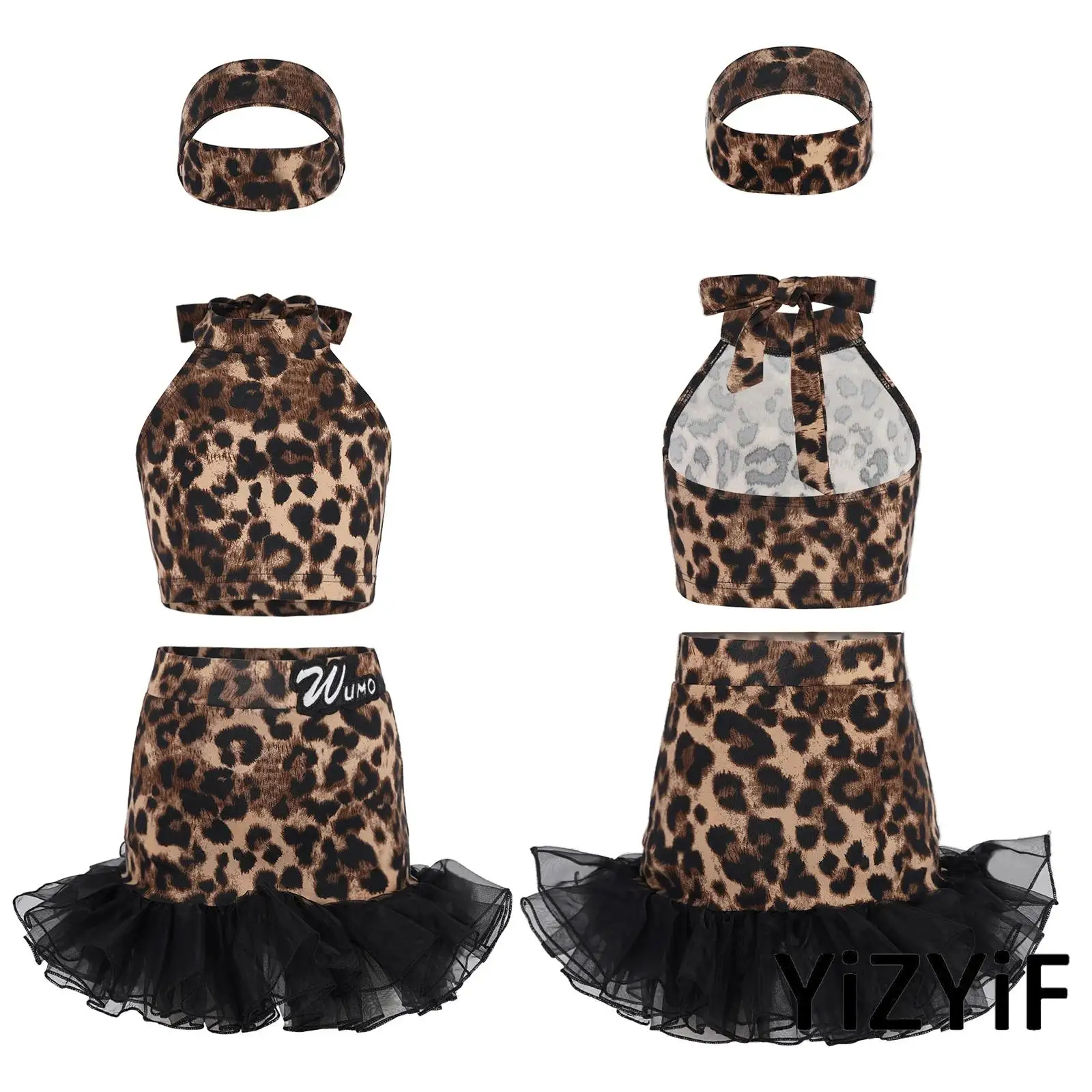 

Комплект для латиноамериканских танцев с леопардовым принтом для девочек: укороченный топ без рукавов с завязками, юбка с рюшами на эластичной талии и повязка на голову. Наряд для танго и румбы.