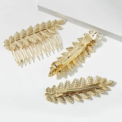 3 Pieces Gold Color Leaf Women Hair Comb Clip Girls Metal Barrettes For Wedding Party Kawaii Hair Accessories