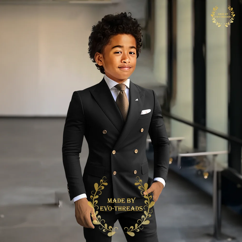 Boys' 2-piece suit (jacket+pants) black double breasted slim fit attire for wedding prom party formal events custom kids tuxedo