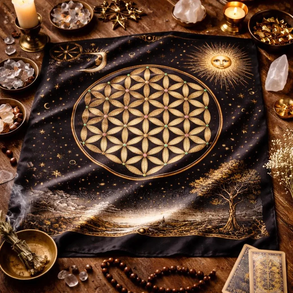 Sacred Geometry Tarot Cloth, Flower of Life Altar Mat, Boho Divination Tablecloth, Spiritual Witchy Decor, Flat Print