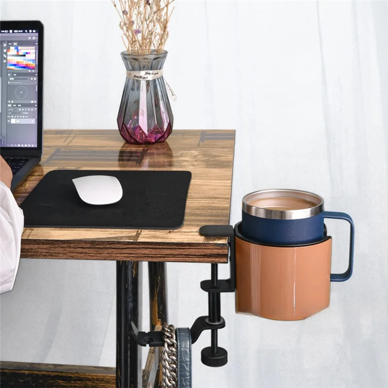 

FYBL-Desk Cup Holder 2 In 1 Desk Cup Holder With Headphone Hanger 360-Degree Rotation Adjustable Arm Clamp Headset Hook