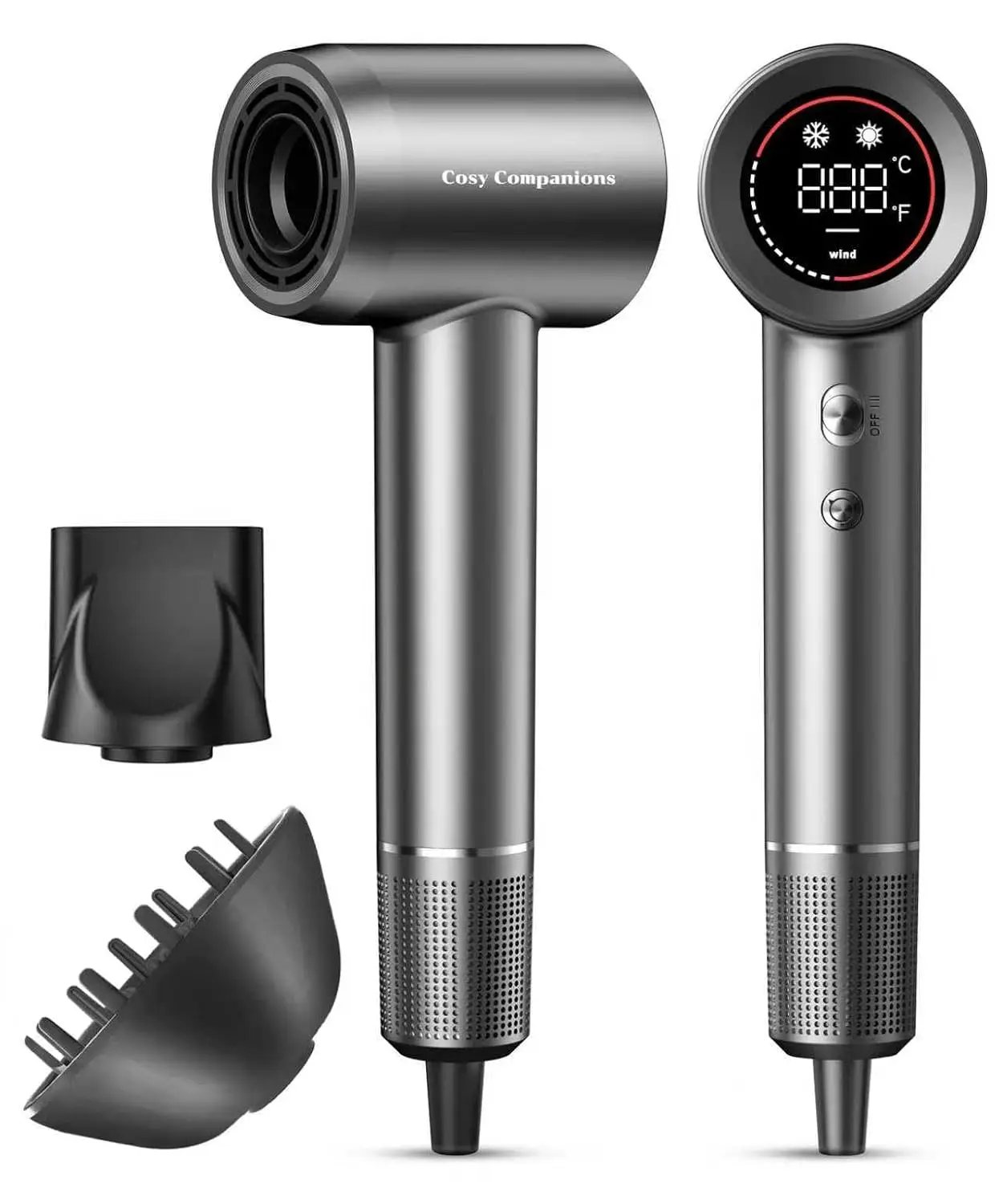 Negative Ionic Blow Dryer 150000 RPM High Speed Brushless Motor Fast Drying Low Noise HD Display Diffuser Nozzle 5 Temps 2 Speed