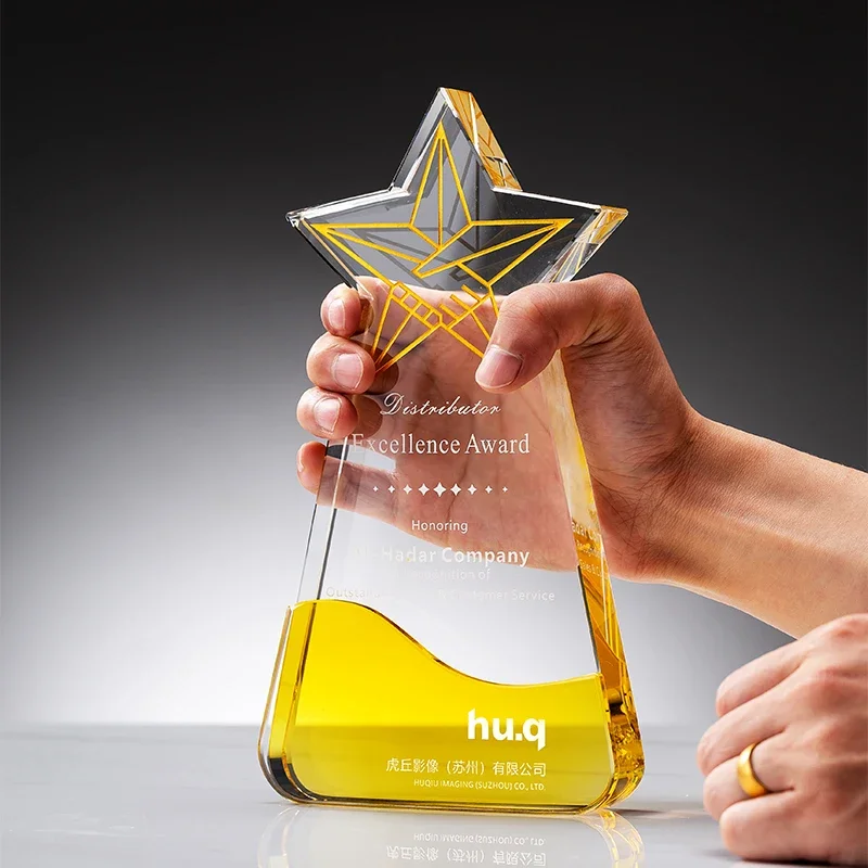 Custom Pentagram Crystal Trophy, Outstanding Excellent Employee Annual Meeting Award Commemorative, Home Decor Yellow Base Medal