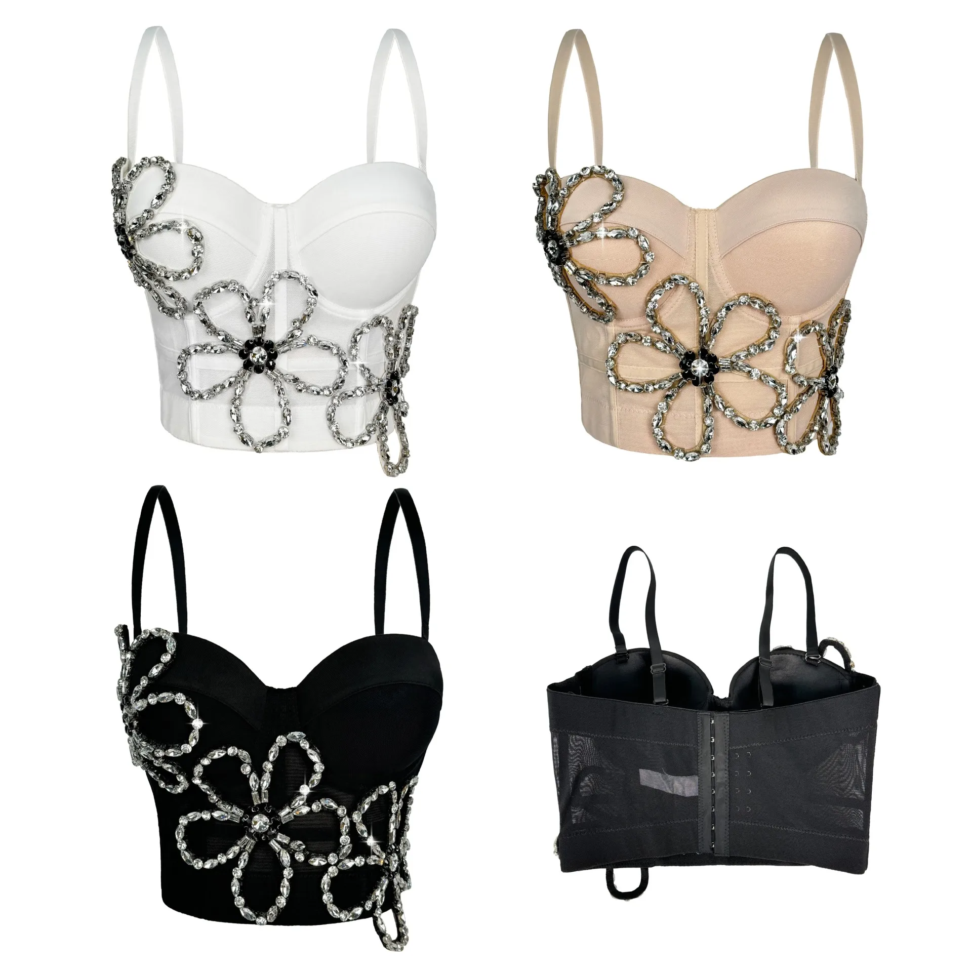 Maßgeschneiderter Damen-BH mit Diamant-Blumen-Fischgrätenmuster, schmal sitzende Leibchenweste, halbtransparentes Mesh-Fischgräten-Top, sexy BH