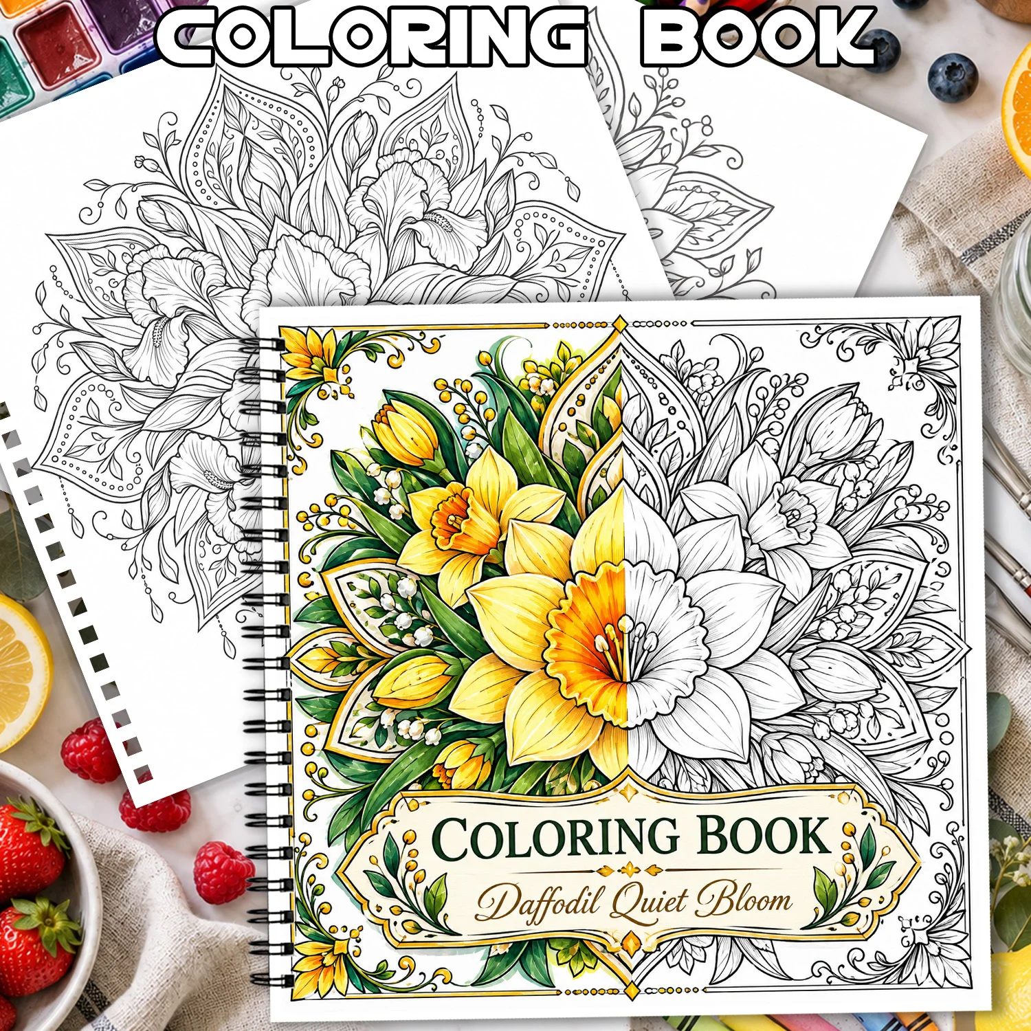 Spiral Binding Coloring Book Daffodil Floral Mandala Design For Adults Teens Showcasing Creativity Relieving Stress 24 Sheets