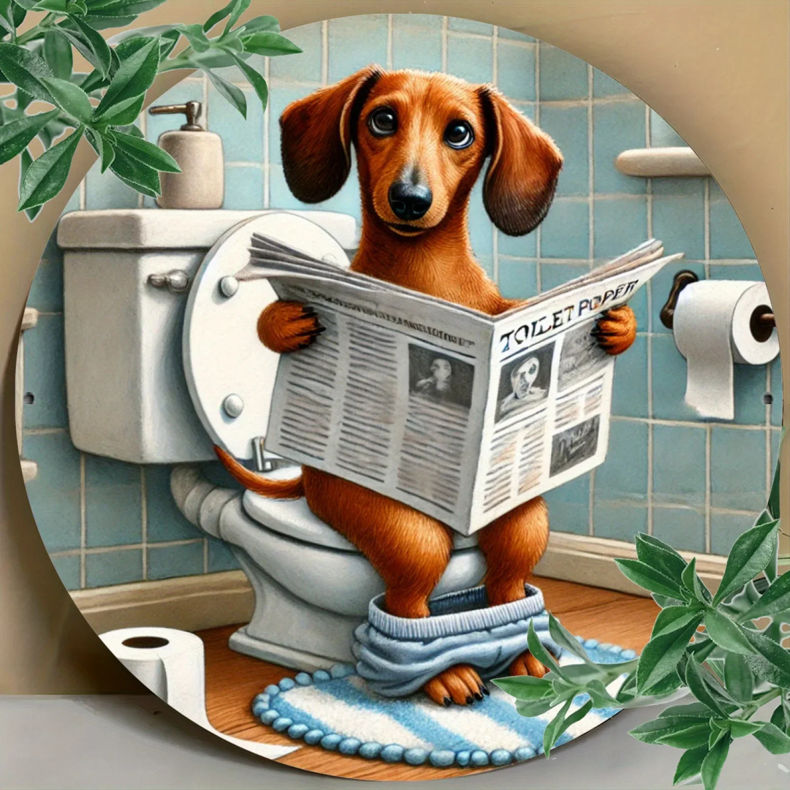 

[2D Flat] Vintage Humorous Dachshund 8-Inch Round Aluminum Sign - "Reading Toilet Paper" Illustration, Frameless Wall Art