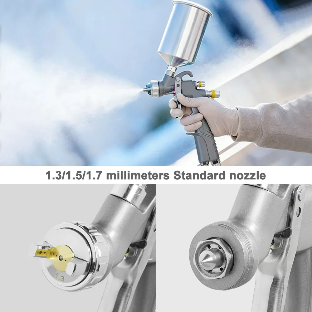 D1 LVLP Air Spray Gun, 1000ml Capacity 1.3/1.5/1.7/2.0mm Nozzles And With Air Regulator Gauge Water Oil Separator Filter
