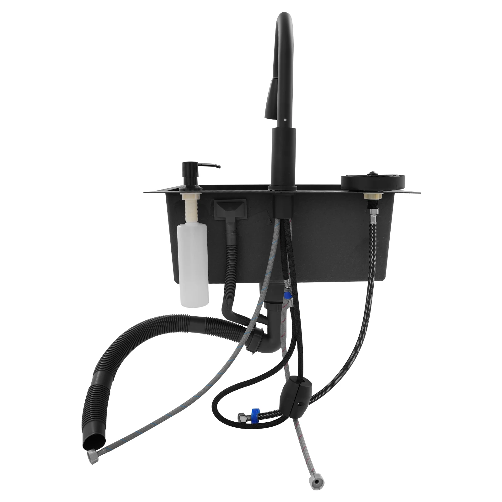 حوض المطبخ مع صنبور قابل للسحب وسلة تصريف، طقم حوض فردي من الفولاذ المقاوم للصدأ باللون الأسود مقاس 50 × 45 سم