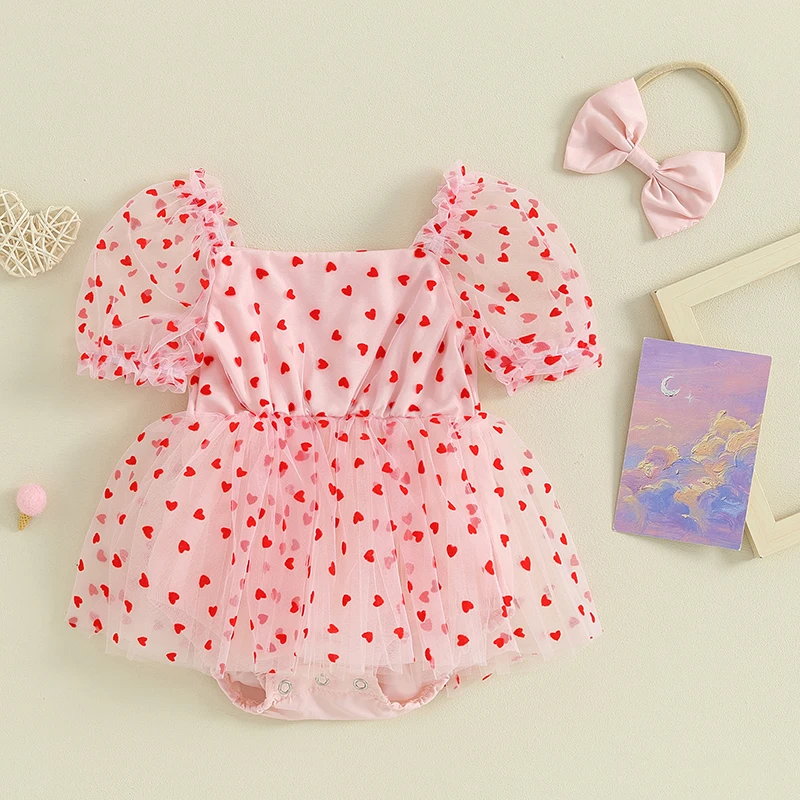 Tregren 0-18M Valentine\'s Day Newborn Baby Girls Romper Dress Short Sleeve Heart Print Jumpsuit with Headband 2pcs Clothes Sets