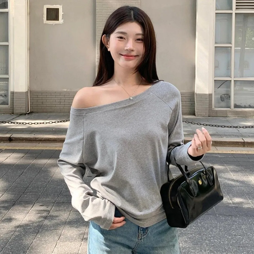 Fashion Cotton One Shoulder Shirt Solid Color Loose-fit Slant Shoulder Shirt Long Sleeve Off-shoulder Top Women's Clothing
