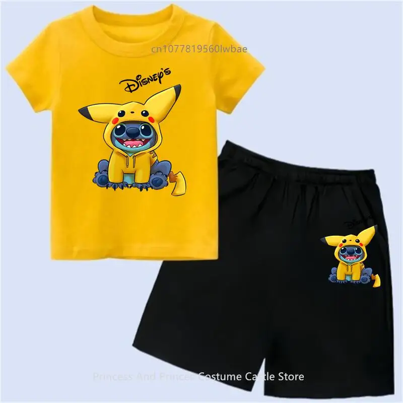 Stitch And Pikachu Children T-Shirt  shorts Set Tee Shirts  suit Anime peripherals Kid Casual Clothes Girl Boy Harajuku Tops