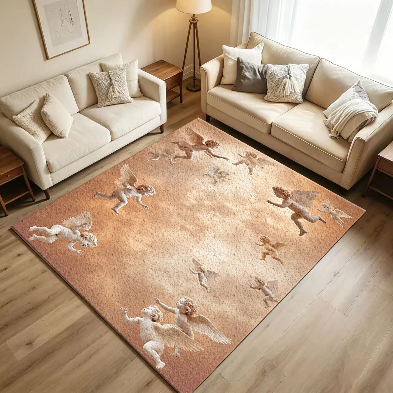 Renaissance Cherub Angel Art Carpet Flooring Classical Cupid Figure Cloud Sky Background Printed Floor Rug for Household Indoor Home Aesthetic Wall Floor Decor