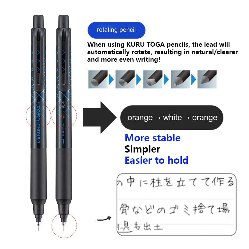 UNI Mitsubishi Automatic Pencil, Japan Kuru Toga 0.5mm Refill Rotating Mechanical Pens, More stable Core Keeps Sharp Stationery