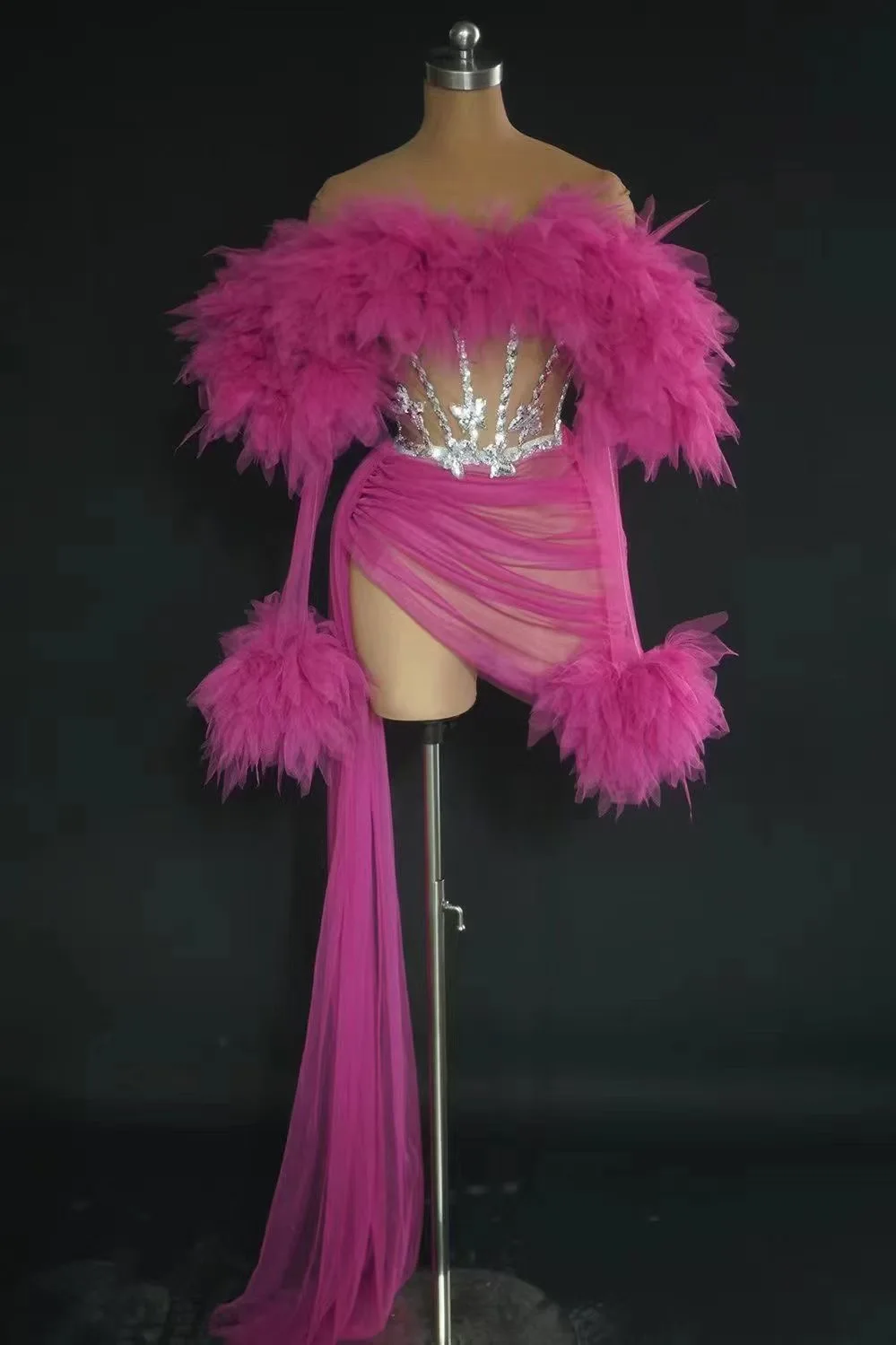 Strój klubowy, kostium showgirl, luksusowy strój na imprezę, błyszczący, seksowny, siateczkowy, z odkrytymi ramionami, dwuczęściowy zestaw spódnic, strój dla tancerki scenicznej