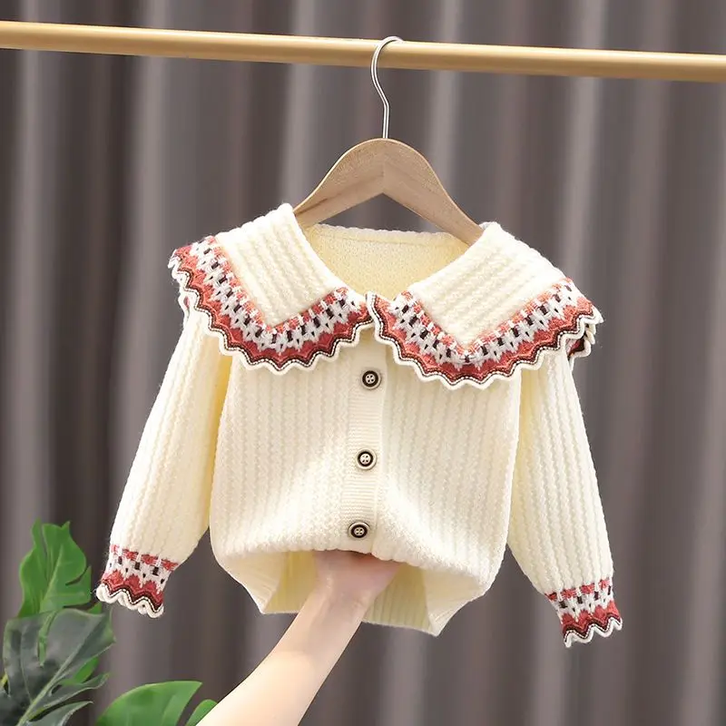 Girls' Sweater Knitted Cardigan 2023 Autumn/Winter New Children's Wear Children's Sweater Children's Doll Neck Coat