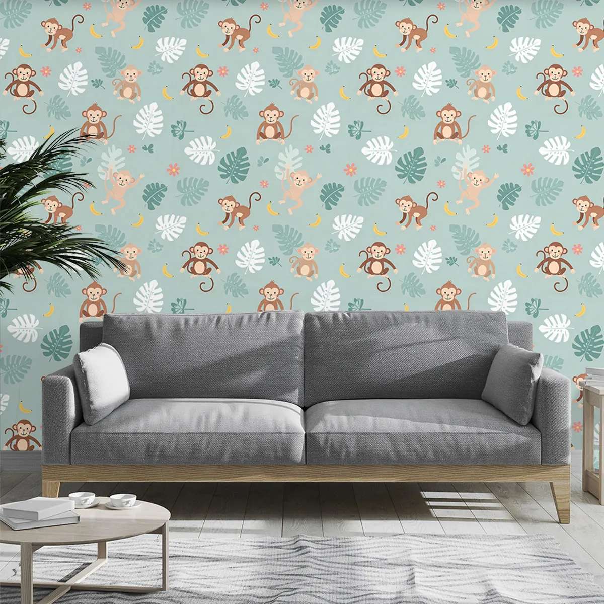 1 Roll Cartoon Monkey Print Self-adhesive Circular Wallpaper for Living Room, Bedroom, Cabinet, Fashionable Stickers