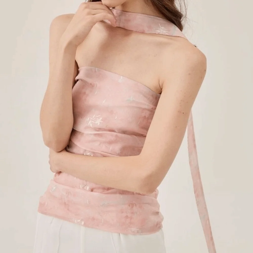 أنيقة مشد الوردي زهرة بروتيل سليم صالح أكمام الشريط المحاصيل القمم الدبابات الكورية نمط الحمالة سترة السيدات #3