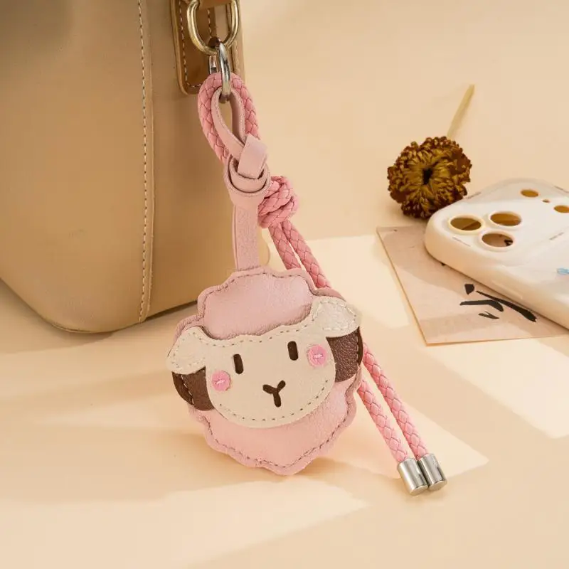 Niedlicher Schaf-Schlüsselanhänger aus PU-Leder, Cartoon-Lamm-Anhänger mit geflochtenem Band für Handtasche, Autoschlüssel, Accessoire, Dekoration – Detail 2