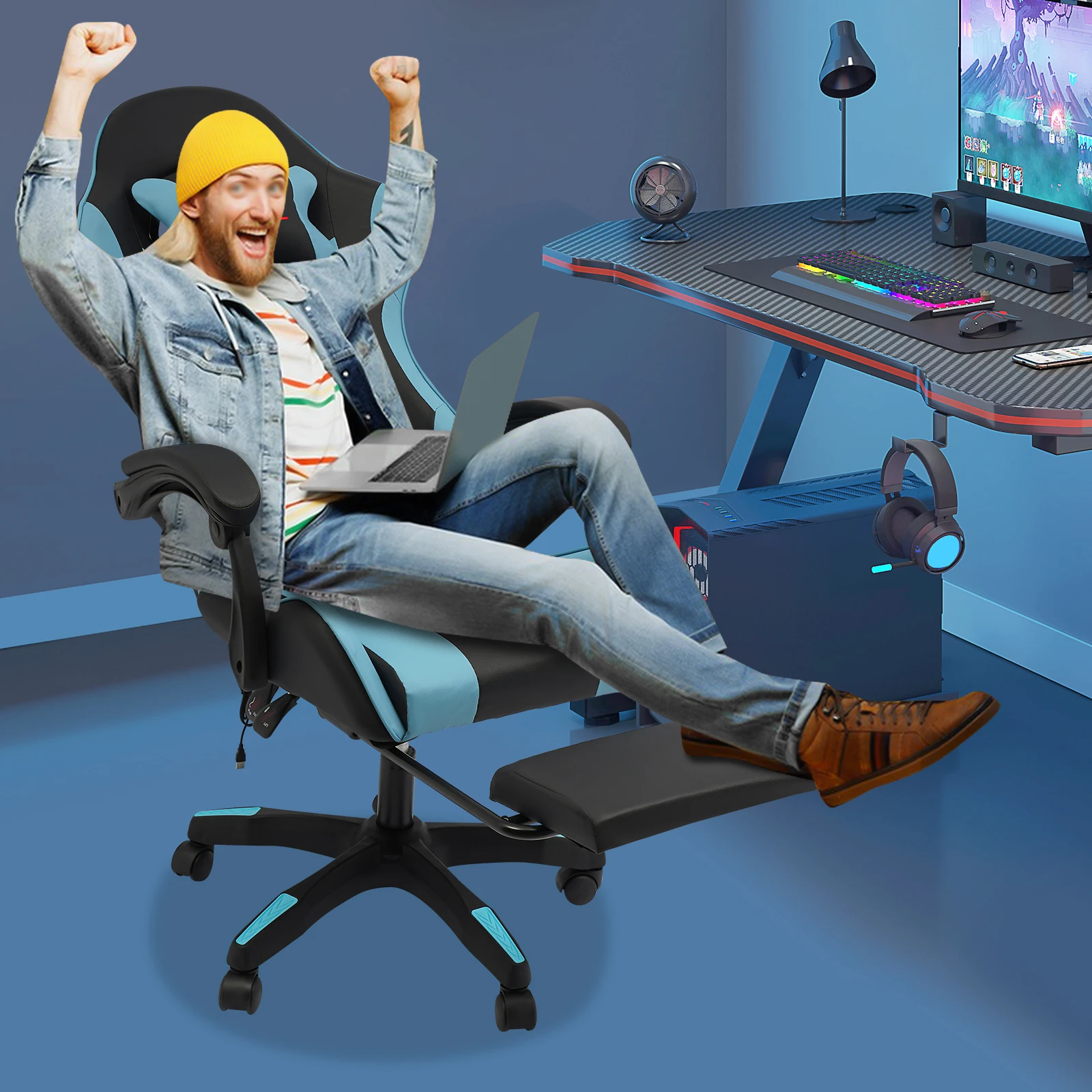 Ergonomic Racing Gaming Chair Adjustable Swivel PU Leather with Headrest, Lumbar, Built-In Bluetooth Speakers, For Office Living Room view 2